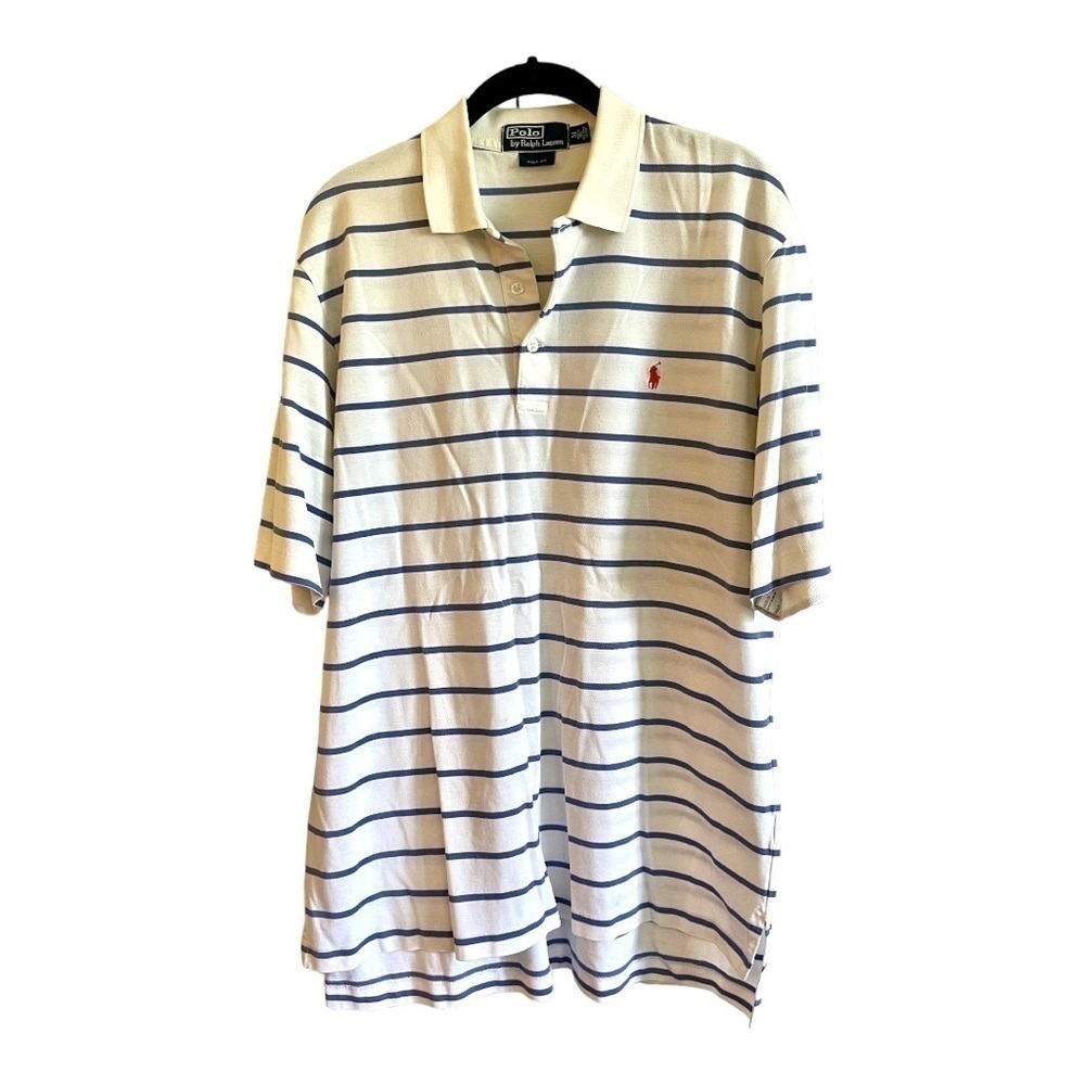 RALPH LAUREN, MENS, POLO GOLF SHIRT. WHITE WITH BLUE STRIPE. SIZE M